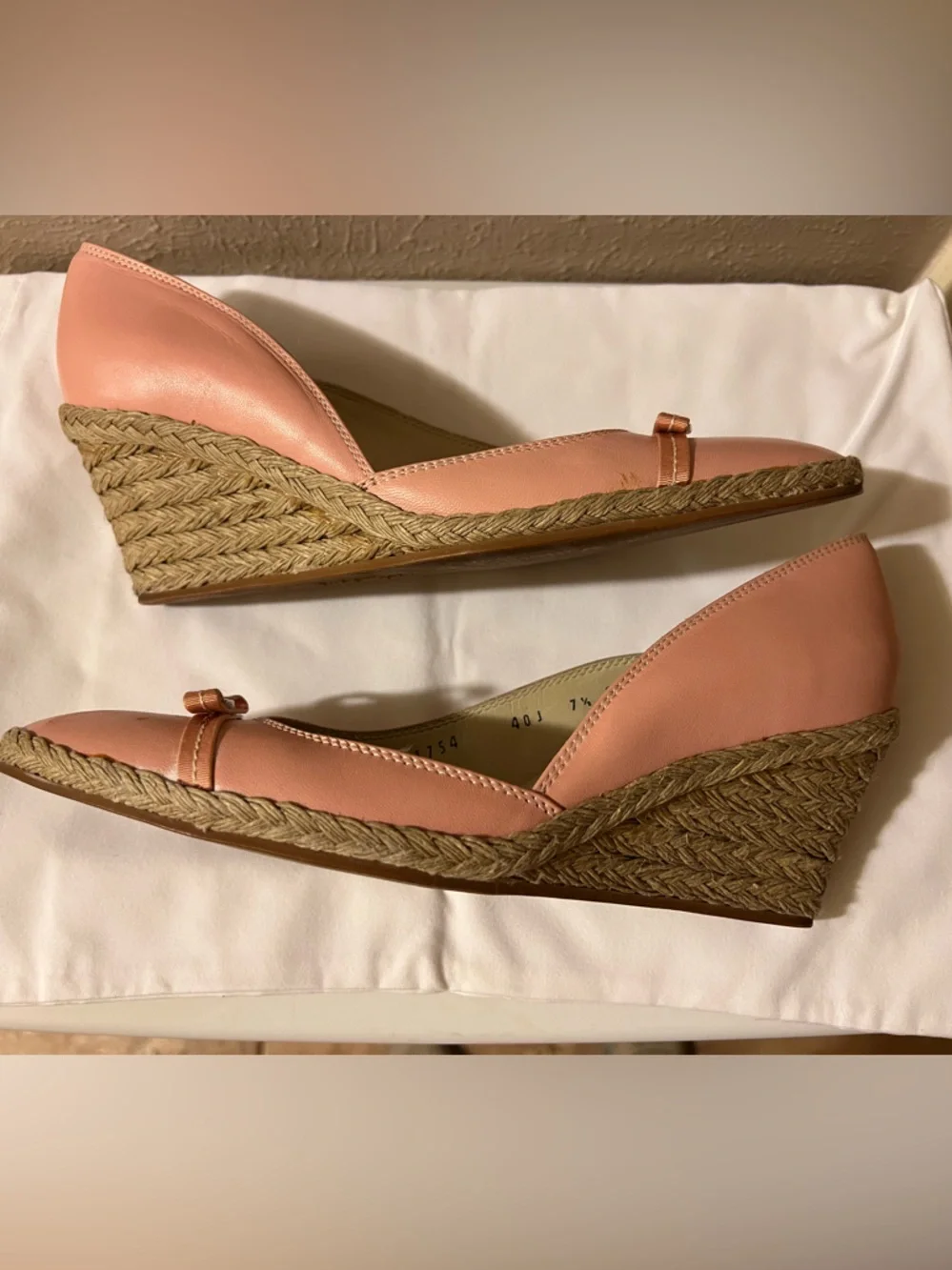 Salvatore Ferragamo 7 1/2 C  Pink Leather Bow Espadrille Wedges Shoes Pumps - Picture 7 of 13